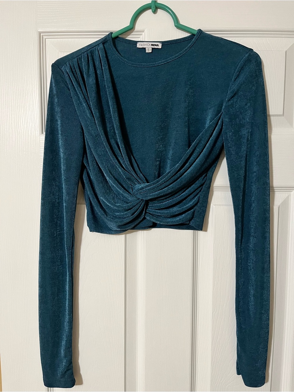 Fashion Nova Teal Draped Twist-Front Long Sleeve Top - Velvet Look